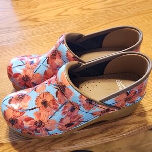 Dansko Floral Blue and Pink Mules